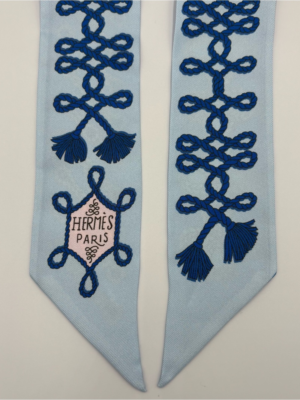Hermes Galons et Brandebourgs Twilly Silk Scarf Bleu Celeste Bleu Roi Rope Knot - Picture 3 of 6